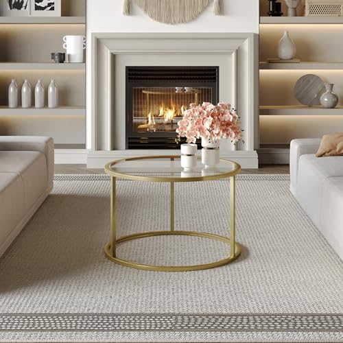 SAYGOER Small Glass Coffee Table Round Gold Coffee Table for Small Space Modern Simple Center Table with Gold Frame for Living Room Home Office, Easy Assembly SAYGOER