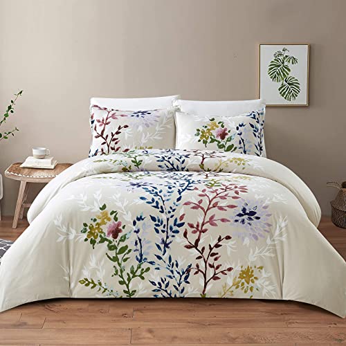 Style Quarters Dahlia Lane 3pc Duvet Cover Set - Multi-Color Floral Stems with White Leafy Silhouettes - 100% Cotton - Machine Washable - Includes 1 Duvet Cover + 2 Shams (Queen) SO OQ STYLE QUARTERS