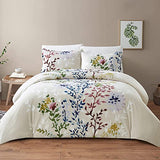 Style Quarters Dahlia Lane 3pc Duvet Cover Set - Multi-Color Floral Stems with White Leafy Silhouettes - 100% Cotton - Machine Washable - Includes 1 Duvet Cover + 2 Shams (Queen) SO OQ STYLE QUARTERS