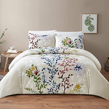 Style Quarters Dahlia Lane 3pc Duvet Cover Set - Multi-Color Floral Stems with White Leafy Silhouettes - 100% Cotton - Machine Washable - Includes 1 Duvet Cover + 2 Shams (Queen) SO OQ STYLE QUARTERS