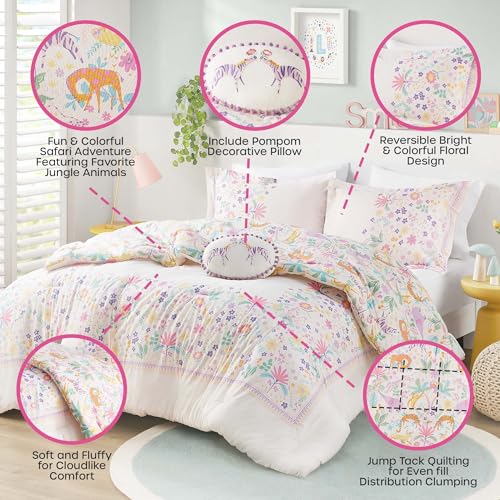 Intelligent Design Kids Queen Comforter Set, Favorite Jungle Animals Fun Safari Adventures Print, BCI Cotton, All Seasons Down Alternative Bedding, Sham & Pillow, Lulu, Full/Queen Purple 4 Piece Intelligent Design