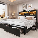 LARMACE King Size Bed Frame with 6 Storage Drawers and Headboard Wooden Platform Bed Frame with LED Lights and Charging Station Easy Assembly/No Box Spring Needed/Black LARMACE