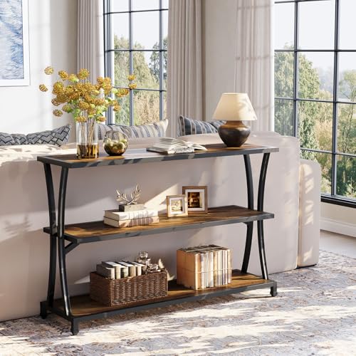 Tribesigns Industrial 3-Tier Console Table, Rustic Narrow Entryway Sofa Table with Storage Shelves for Living Room, Hallway, Foyer Tribesigns
