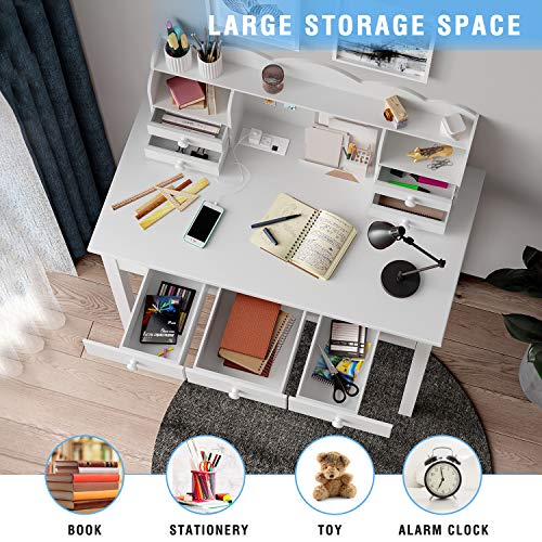 ADORNEVE Writing Desk with USB Port, Home Office Desk with Drawers and Hutch, 36.2" Study Table Computer Desk for Student/Adults, Computer Work Station with Storage Shelf, 7 Drawers, White ADORNEVE