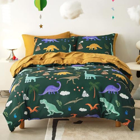 Wake In Cloud - Dinosaur Bedding Set for Boys, Cute Colorful Dinosaur Soft Lightweight Comforter Set with Sheets, 5 Pieces Kids Bed in a Bag, Dark Green, Twin Size Wake In Cloud