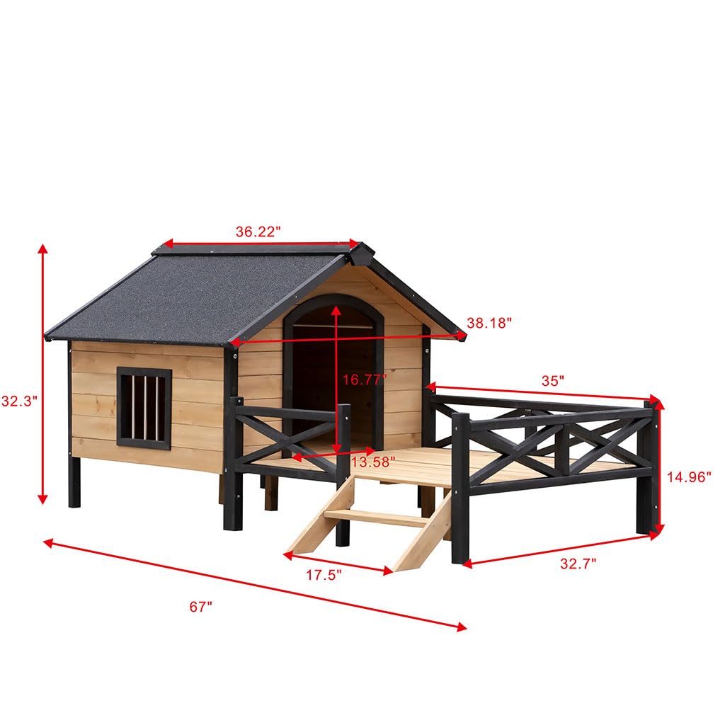 SEOCCTV Wooden Dog Kennel, Weatherproof Dog Houses Outside with Porch and Side Windows Cabin House Style Pet Kennel Wood Dog Crate for Medium Large Pets(43.6" L x 66.9" W x 32.7") - WoodArtSupply