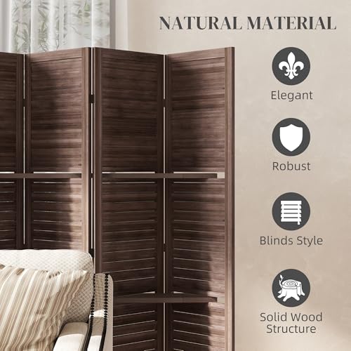 HOMCOM Room Divider, 6 Panel 67" Tall Wood Privacy Screen with 3 Display Shelves, and Folding Storage for Bedroom or Home Office, Walnut HOMCOM