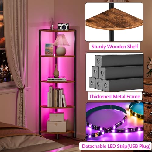 Furnulem 5-Tier Corner Shelf with LED Light – Rustic Brown Standing Organizer for Home and Office - WoodArtSupply