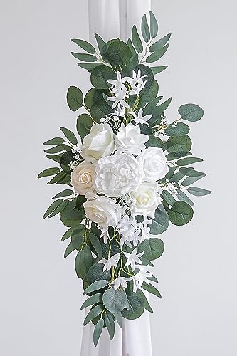 Olalaka White Artificial Wedding Arch Flowers Kit (Pack of 3) with 26Ft White Shiny Arch Draping Fabric for DIY Wedding Party Ceremony Reception Backdrop Floral Decoration Olalaka