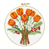 Zhenqing Orange Tulip Bouquet Cross Stitch Kit for Beginners - Complete Set with Pre-Printed 11CT 24x24cm Fabric, Hoop & Threads(70359)