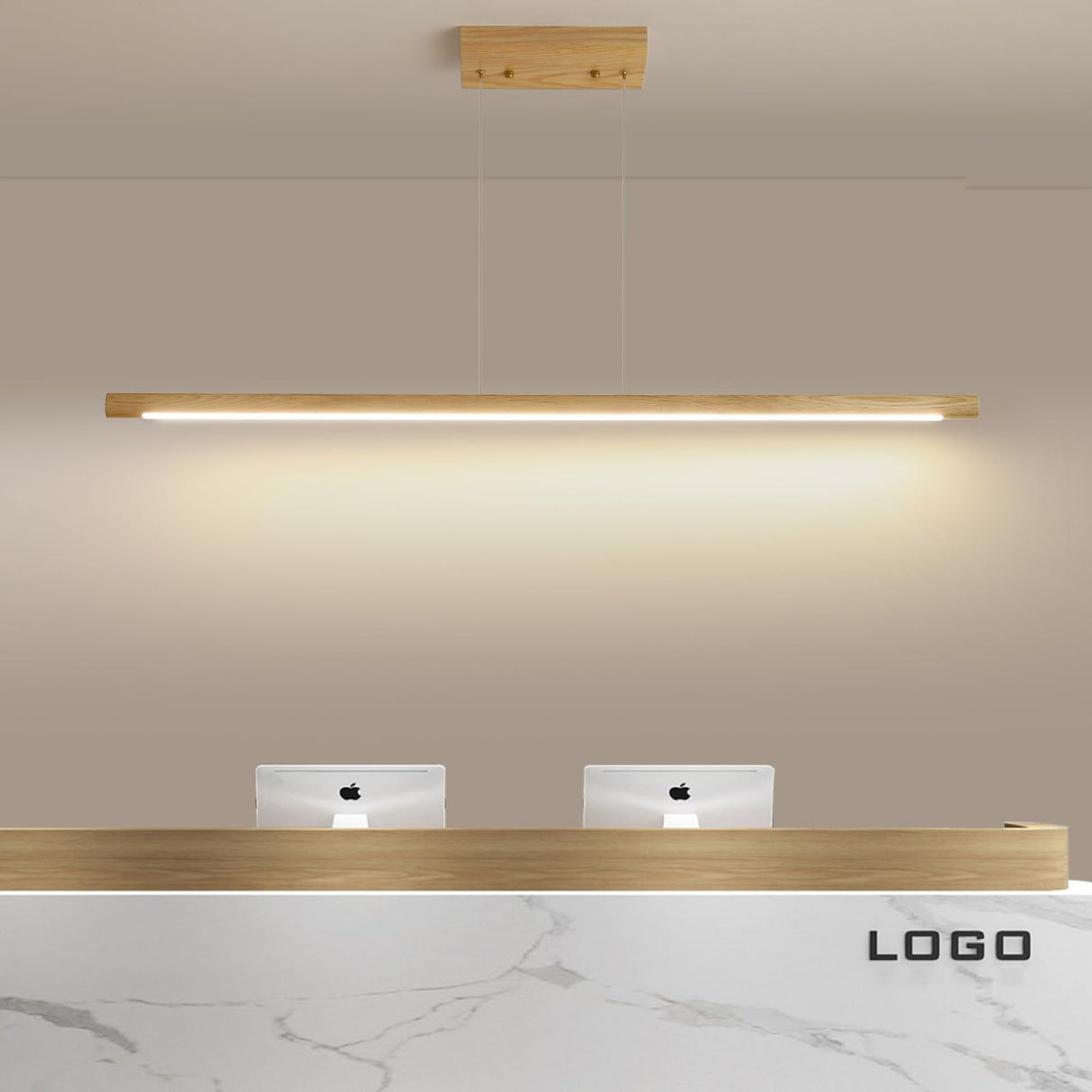 Mikeru Wooden Linear Pendant Light,Modern Chandelier Hanging Light with Remote Dimming 3000k-6000k, Ash Wood LED Pendant for Dining Room, Kitchen Island (47in, Round) Mikeru