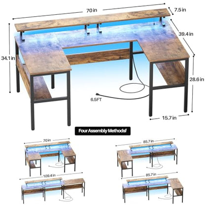 Hyomdeck DIY U Shaped Desk & L Shaped Office Desks with Adjustable Monitor Stand, RGB LED Lights and Power Outlets, Reversible L Shape Computer Gaming Desk with Storage Shelves, Rustic Brown