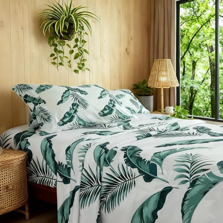 HENGWEITEXT Full Sheet Set, 4 Piece Bed Sheets for Full Size Bed Set, 17 Inch Sheets Deep Pocket, Soft and Breathable Microfiber, Wrinkle Free, Tropical Palm Tree Fronds Patterned Double Bedding HENGWEITEXT