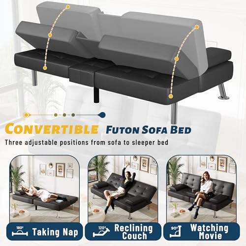 Furmax Futon Sofa Bed Adjustable Futon Couch Sleeper Sofa Bed for Living Room, Business Office, Recliner Sofas with Cup Holders (PU Leather, Black) Furmax