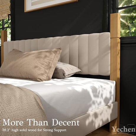 Yechen King Size Bed Frame, Wood Bed Frame with Upholstered Headboard, Solid Wood Posts and Feet, No Box Spring Needed, Beige Linen Yechen
