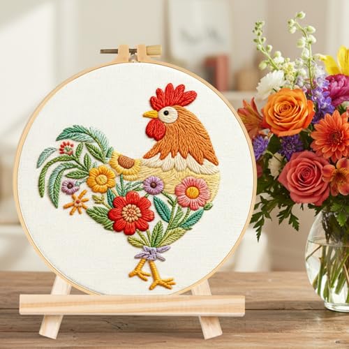 ElevateTech Funny Animal Embroidery Kits for Beginners Adults Cross Stitch Kits with Rooster and Flower Pattern DIY Needlepoint Starter Kit with Embroidery Cloth Hoops Threads for Craft Lover