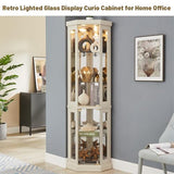 Tall Corner Cabinet with Glass Doors, Lighted Glass Display Curio Cabinet with Adjustable Shelves, Home Office Floor Standing Display Cabinets for Bar, Liquor Storage and Medal, Antique White BAOMKONG