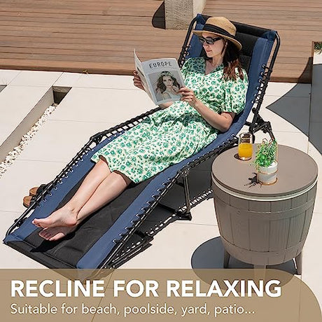 Devoko 4-Fold Padded Portable Folding Outdoor Chaise Lounge Heavy Duty Reclining Chair with Pillow & Side Pocket for Patio, Beach, Pool, Camping, Sunbathing (Blue) Devoko