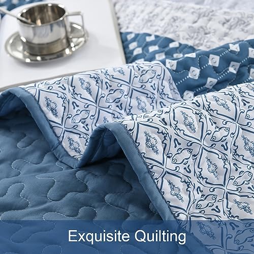 WONGS BEDDING Blue Quilt Queen Size, Bohemian Stripe Quilt Sets 3 Pieces Boho Quilted Bedspread Set Lightweight Microfiber Coverlet Bedding Set All Season (96"x90") WONGS BEDDING