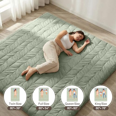 ZonLi Japanese Floor Mattress Futon Mattress King Size, 4" Thicken Roll Up Tatami Mat 100% Cotton Washable Cover, Portable & Foldable Floor Bed Mattress for Sleeping, Dormitory, Adult Kids, Green ZonLi