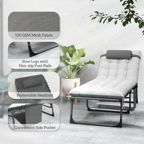 Outsunny Chaise Lounge Chair Outdoor Set of 2, 5-Position Adjustable Outdoor Pool Lounge Chairs, Folding Tanning Chair Beach Lounger with Cushion, Headrest, Side Pocket for Patio, Yard, Gray