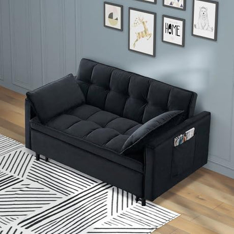 3 in 1 Convertible Sleeper Sofa Bed, Velvet Loveseat Futon Pull-Out Couch with Adjustable Reclining Backrest, Side Pockets and Pillows for Living Room, Bedroom, Apartment, Small Spaces (Black-Velvet) Ehsovlnut