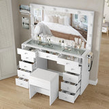 Yanosaku Vanity Desk & Power Outl, Makeup Vanity with Mirror and 12 LED Lights, Makeup Table with 11 Drawers, Vanity Table with Chair,Set 3 Lighting Modes Brightness Adjustable-(White) Yanosaku