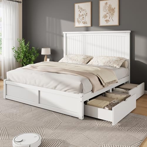 AMERLIFE King Size Solid Wood Bed Frame with 50" Tall Headboard, Mid-Century Modern Bed with Storage Drawers, Clean Wooden Platform Bed, 2 Side Drawers/No Box Spring Needed/White AMERLIFE