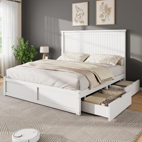 AMERLIFE King Size Solid Wood Bed Frame with 50" Tall Headboard, Mid-Century Modern Bed with Storage Drawers, Clean Wooden Platform Bed, 2 Side Drawers/No Box Spring Needed/White AMERLIFE