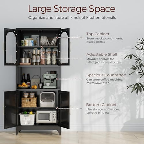 Kubohogar 75" Tall Kitchen Pantry Cabinet, Metal Storage Cabinets with Acrylic Doors and Adjustable Shelves, Hutch Cabinet with Storage, Black Microwave Stand Cabinets for Dining Living Room Kubohogar