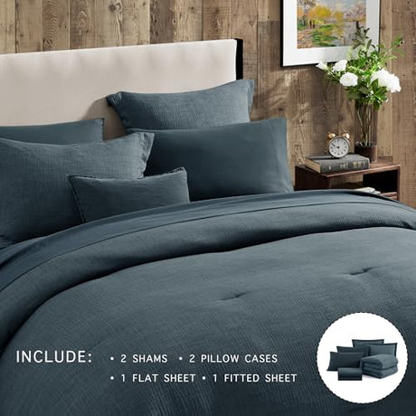 Geniospin Queen Comforter Set - 7 Pieces Comforter Queen Size, Soft Solid Bedding Set for All Season, Textured Bed in a Bag with Sheets, Pillowcases & Shams (Navy Blue, 90''x90'') Geniospin