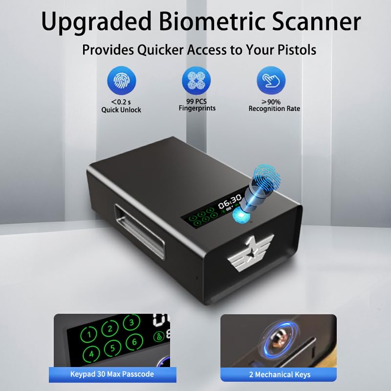 gun safe，Biometric Gun Safe For Handgun with fingerprint, key and digital password 3 .Smart Handgun Safe for Home Bedside Nightstand Car for 2 pistols Generic
