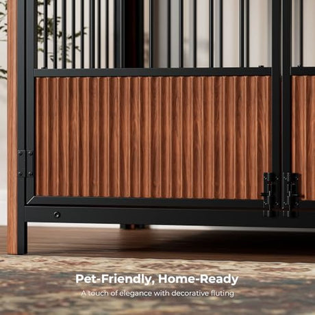 Zivanti 43'' XL Fluted Large Dog Crate Furniture with 3 Doors, Modern Indoor Decorative Dog Crate End Table, Wooden Dog Kennel Cage for Medium to Large Dogs, Walnut Zivanti