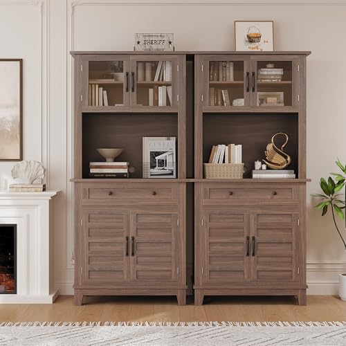 GarveeHome 72 in Tall Kitchen Pantry Cabinet, Kitchen Hutch Bar Cabinet with Microwave Stand, Cupboard with Drawers Glass Doors for Dining Room, White (Brown, 32" Wide) GarveeHome