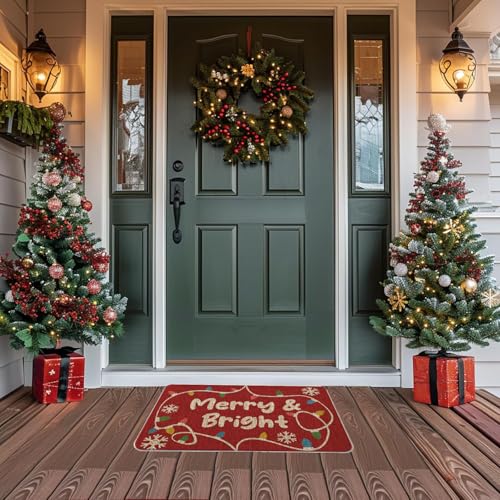 QIONG MENG Christmas Merry and Bright Doormat Outdoor Rug Decorative Doormats Farmhouse Home Kitchen Entrance Rug Floor Front Door Mats 17 x 27 Inch QIONG MENG