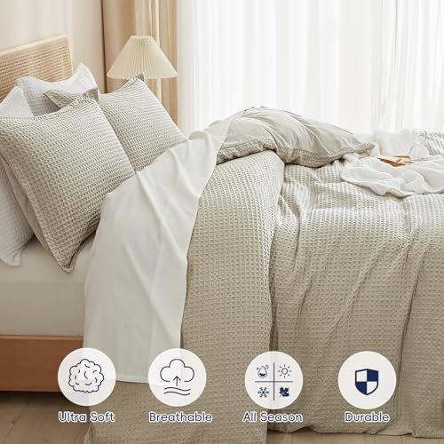 PHF Waffle Weave Duvet Cover Set King Size, No Snagging Ultra Soft Luxury Textured Breathable Comforter Cover for All Season 3pcs, Durable Bedding Duvet Set with 2 Pillow Shams, 104"x90", Linen PHF