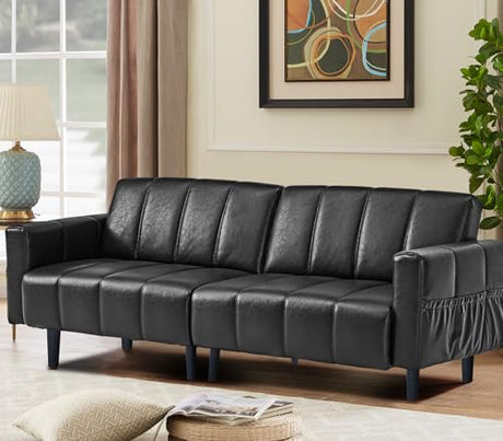 HMHKHN Comfy Faux Leather Couch for Chill Office Lounge, Adjustable Backrest, Convenient Side Pockets, Home-Ready Space-Saving Mid Century Modern Futon Sofa Bed (Black) HMHKHN