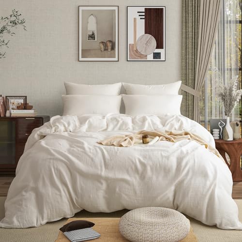 AGSIT Muslin Duvet Cover 100% Washed Cotton, Queen Size Duvet Cover Set Linen Like, Minimalist Soft Comforter Cover 3 Pieces, Lightweight Gauze Duvet Cover with 2 Pillowcases, 90”x90”, Pure White AGSIT