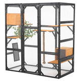 Outdoor Cat House, 68.5" H Large Wood Cat Catio with Double Enter Doors, DIY Pet Enclosure, 62.8" L x 32.2" W x68.5 H Balcony Cat Playpen with Platforms and Two Condos (Black Brown/97) JIVOIT