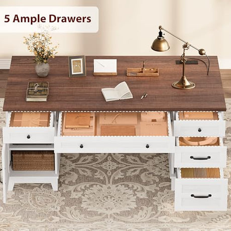 GarveeHome Executive Desk with File Drawers, Farmhouse Home Office Desk with Charging Station, 60 in Wooden Computer Desk with Cabinet Storage for Work Study Writing, White Walunt GarveeHome