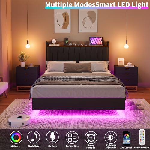 IDEALHOUSE Queen Floating Bed Frame with LED Lights & Charging Station, Upholstered Platform Bed with Storage Headboard, Wood Slats Support, No Box Spring Needed, Easy to Assemble, Black IDEALHOUSE