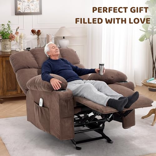 Massage Rocking Recliner Chair, Ergonomic Recliners Sofa with Vibration Massage & Heat, Rocking Chair Nursery Chair for Living Room Lounge with 4 Pockets, 2 Cup Holders, Brown