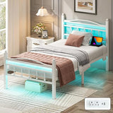 Jenmit Twin Bed Frames with Headboard, LED Bed Frame with Charging Station, Metal Platform, Under-Bed Storage, No Box Spring Needed, Noise Free, Easy Assembly, White Jenmit
