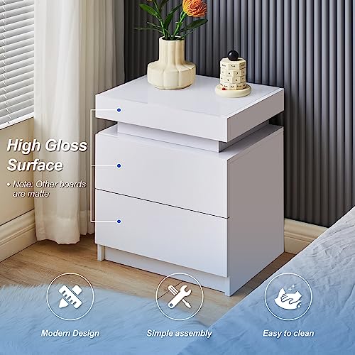 CLIPOP Modern Nightstand, LED Night Stand with 2 High Gloss Chest of Drawers, Bedside Table Cabinet with Remote Control Light, Wood Matte Nightstand 20.6" Tall Bedroom Furniture, White - WoodArtSupply