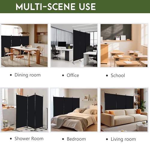 ‌FDW 3-Panel Room Divider Privacy Screen, 6FT Portable Folding Partition with Metal Frame (102" W x 70" H) for Office/Home Use, Dark Black FDW