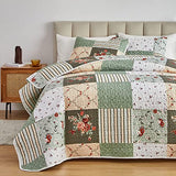Patchwork Quilt Set Twin Size, 2 Pieces Green White Floral Plaid Design Summer Bedspread Coverlet Set, Soft Microfiber Reversible Lightweight Bed Cover for Kids (68" x 86", 1 Quilt+ 1 Pillow Sham) Flysheep