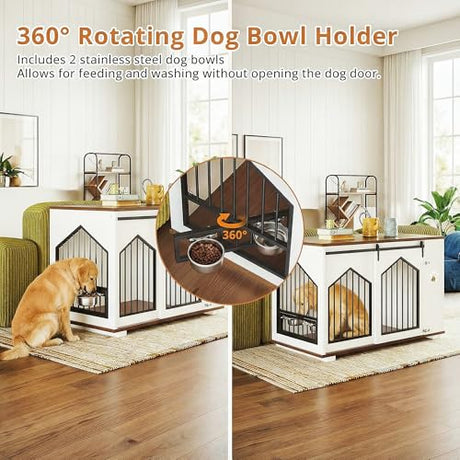IRONCK Large Dog Crate Furniture with 2 Rotatable Dog Bowls, Wooden Dog Kennel with 2 Adjustable Shelves, Barn Doors Decorative Pet Cage Dog House as TV Stand, White IRONCK