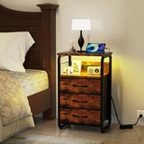 runjuly Bed Side Table with 3 Fabric Drawers, Night Stand with Charging Station, LED Nightstand with Hooks, Bedside Table End Table with Storage, Night Table for Living Room, Bedroom (Rustic Brown) runjuly