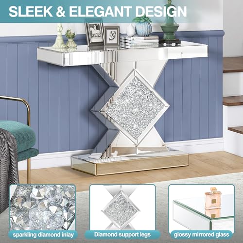GA Home Silver Mirrored Console Table with Crushed Diamond lnlay, 32" Long Entryway Sofa Table, Shiny Narrow Table for Living Room, Hallway Foyer, Entrance GA Home