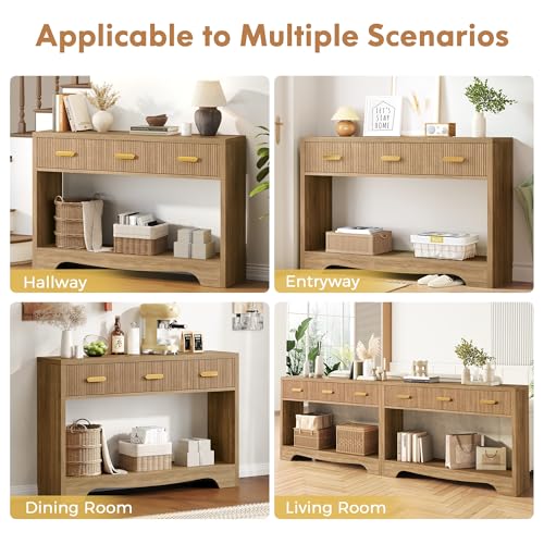 Fluted Console Table with Drawers, 47" Narrow Entryway Table with 3 Drawers and Open Storage Shelf, Long Sofa Tables Modern Behind Couch Tables for Living Room, Foyer and Hallway Luoxiao